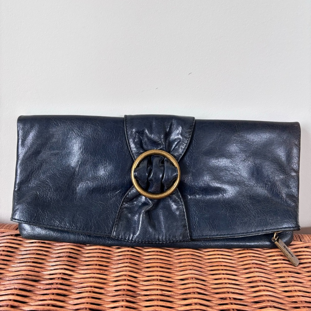 Hobo International Leather Fold Over Bow Clutch Dark Navy